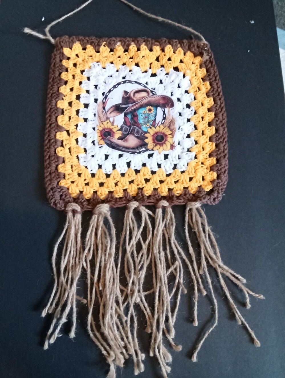 Handmade Crochet Wall Hanging with Cowboy Boot Patch - Yellow, White, Brown
